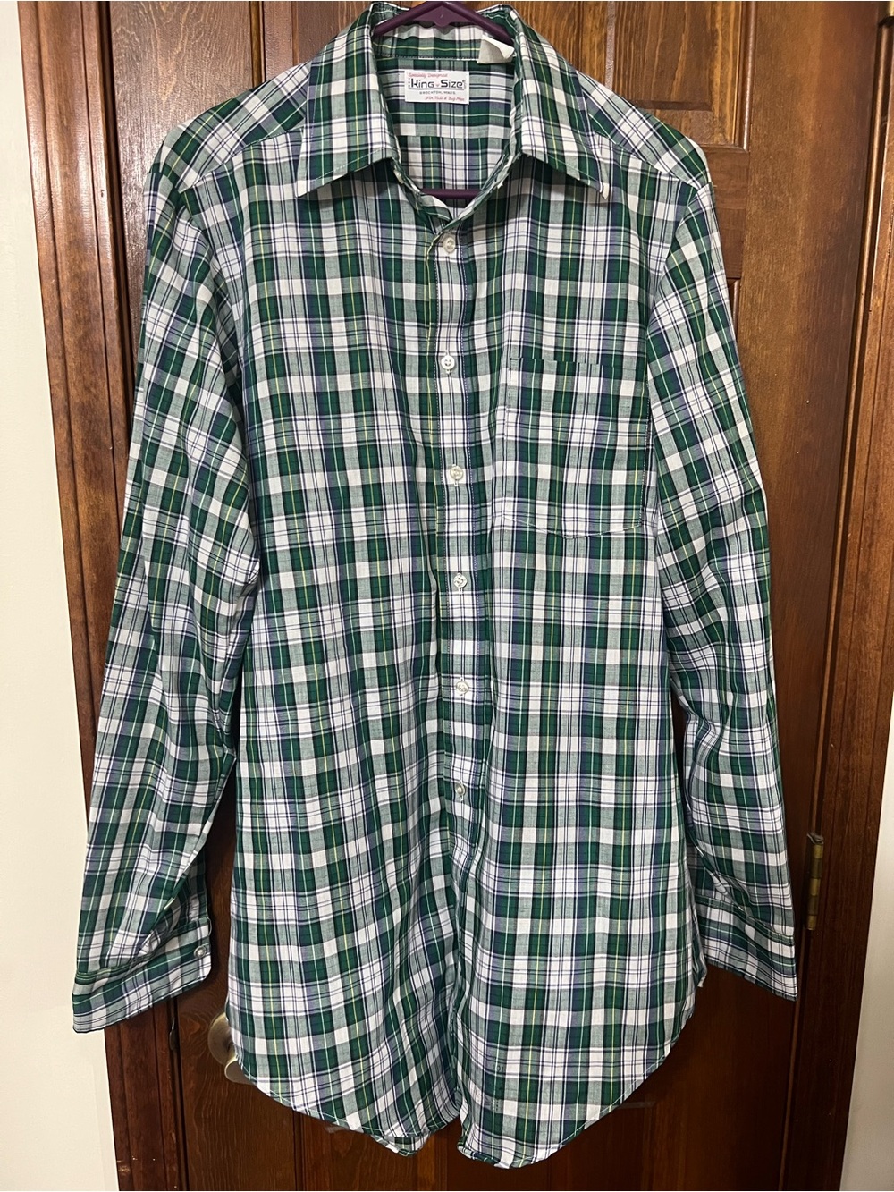 Vintage King Size Green Plaid Button Down Shirt Tall Tapered 15½ 36 Big & Tall